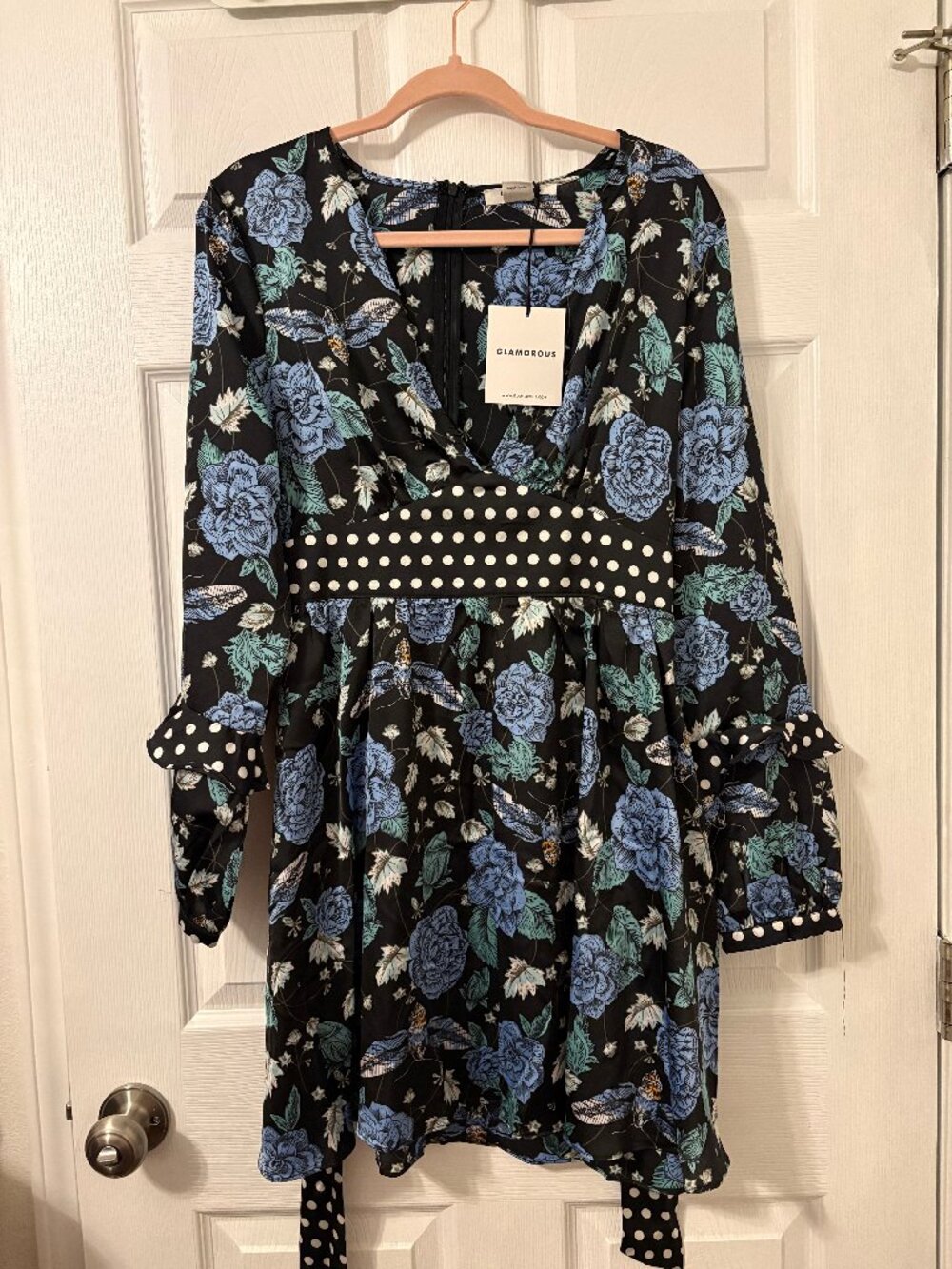 NWT Glamorous black/blue floral polka dot dress, 10 US/14 UK